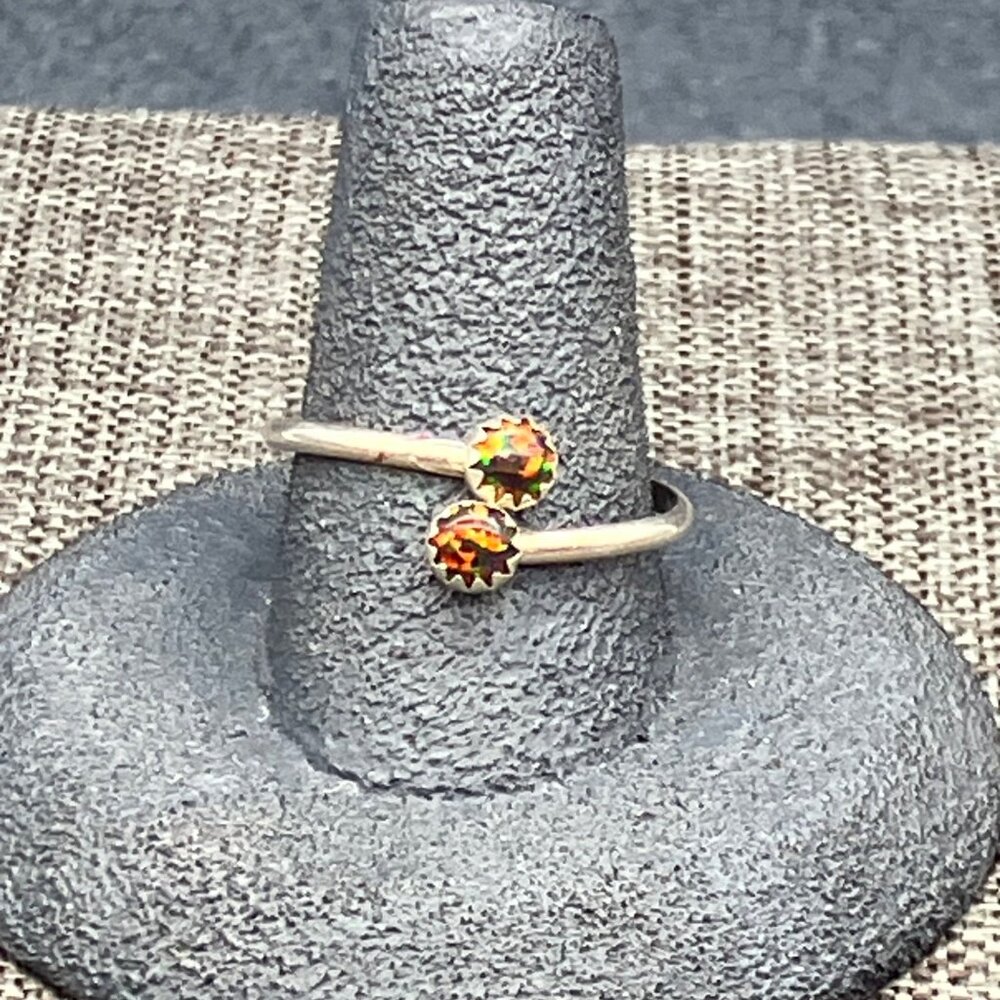Sterling Silver Adjustable Ring Size 8 Double Fire Opal Gems Retro Vintage Glam